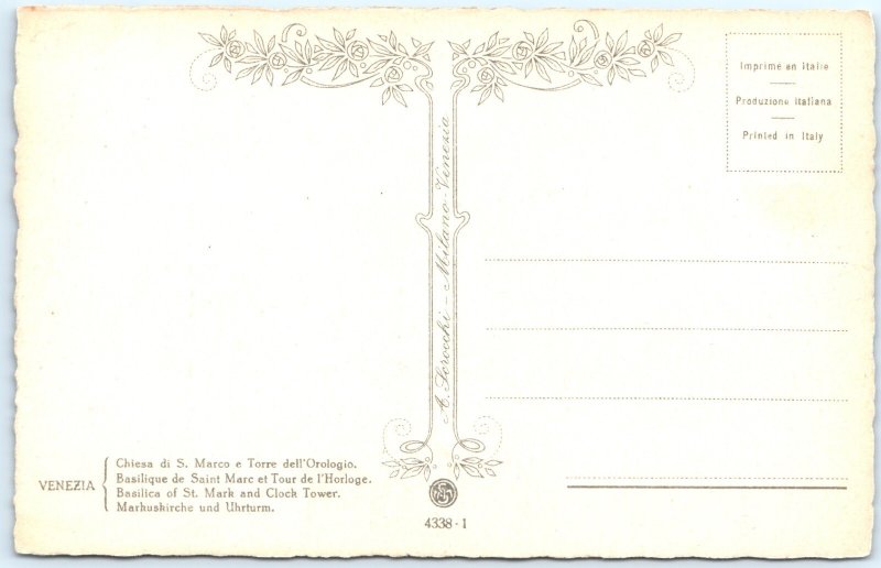 c1930s Venice, Italy Postcard St Mark Basilica Clock Tower Square Pigeons A375