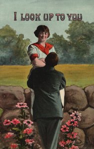 Vintage Postcard Lovers Couple Sitting On Rock Wall Dating Cuddles Romance