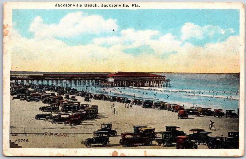 Jacksonville Beach Florida FL Cars Parked On The Beach Bathing Antique Postcard