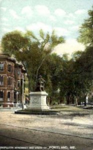 Longfellow Monument & State St. in Portland, Maine