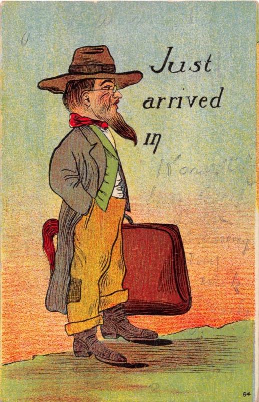 JUST ARRIVED IN KANSAS CITY MISSOURI~ARTIST DRAWN GREETING POSTCARD 1908