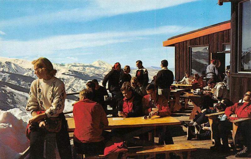 ASPEN, CO Colorado  SUNDECK RESTAURANT Guests~Snow  ROADSIDE  Chrome Postcard