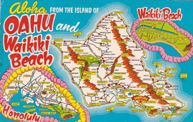 Greetings From Oahu and Wikiki Beach With Map 1975