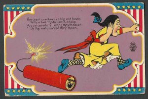 Ca 1907 PPC* VINTAGE PATRIOTIC JULY 4THGIANT FIRECRACKER W/GIRL RUNNING MINT