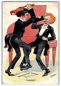 c1910's Mens Fighting Violin Piano Furioso JC Boetius Unposted Antique Postcard