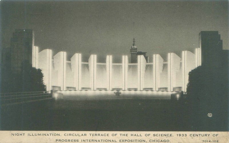 1933 Chicago World's Fair Science Terrace Night B&W CR Childs Postcard Unused