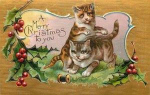 Embossed Christmas Postcard Xmas Cats 2 Tabby Cats Play With Thread  in Vignette
