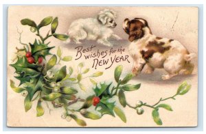 Circa 1910 New Years Missletoe Puppies Vintage Postcard P108E