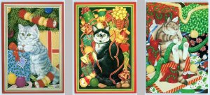 3 Postcards LESLEY HALLAS Artist Signed CHRISTMAS CATS Kitty Kittens 4x6