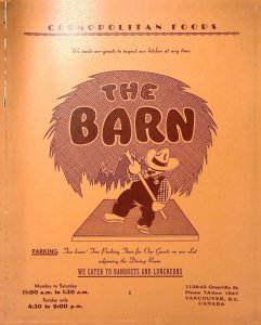 1950s THE BARN RESTAURANT VANCOUVER B.C. CANADA MENU GRANVILLE ST EXC W68