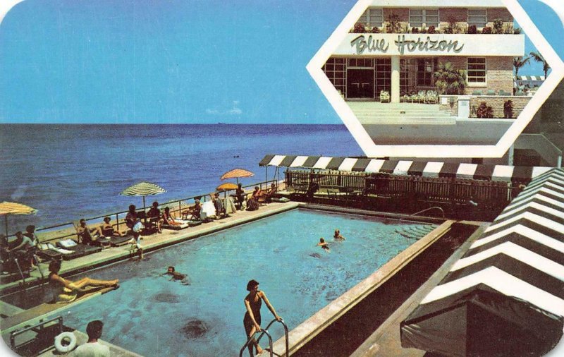 MIAMI BEACH, FL Florida  BLUE HORIZON Ocean Front Pool ROADSIDE c1950's Postcard