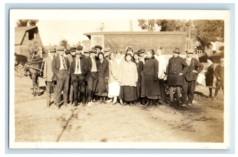 c1910 High School Students Barn Horse Wagon Bus Farm RPPC Photo Postcard