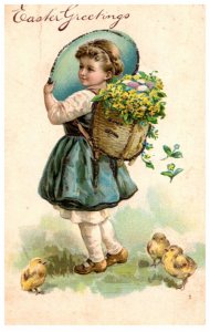 Easter  Country Girl, Blue Egg, backpack of Flowers , Chicks