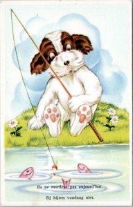 Postcard Comic Dog fishing - They don't bite today