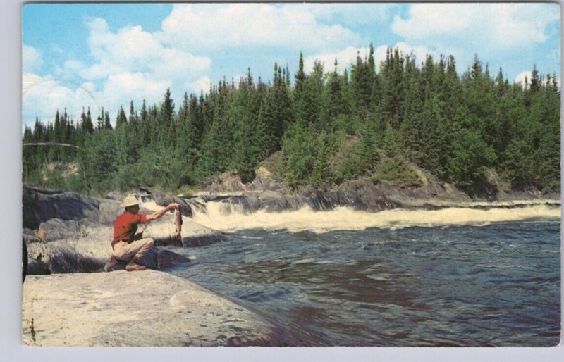 River Scene, Fishing, Greetings From Gowganda, Ontario, Vintage 1988 Postcard