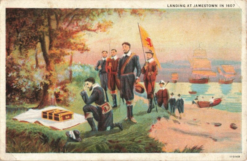 Landing at Jamestown Ships Pilgrims Row Boats Postcard