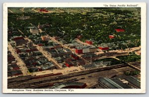 Cheyenne Wyoming~Air View Of Business Section~Union Pacific RR~Vintage Linen PC