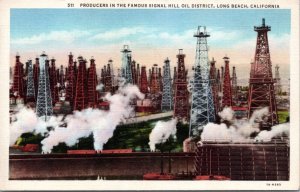 Postcard CA Long Beach - oil rigs Producers Famous Signal Hill Oil District