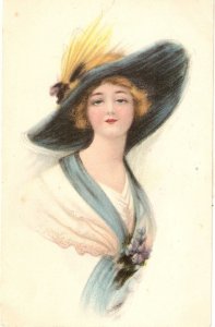 Pretty lady. Fantasy Hat Nice old vintage artist drawn postard