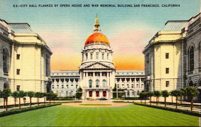 California San Francisco City Hall Flanked By Opera House and War Memorial Bu...