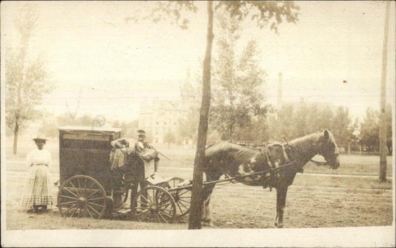 Unusual Horse Drawn - Man & Woman - Moving??? c1910 Real Photo Postcard
