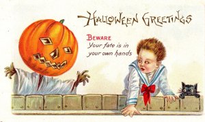 Vintage Scared Little Boy, Scarecrow, Pumpkin, JOL Man, Cat, Halloween Postcard