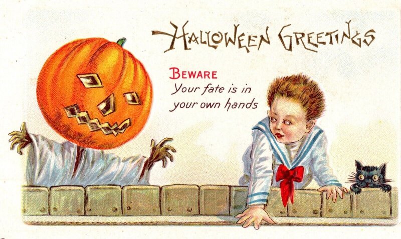 Vintage Scared Little Boy, Scarecrow, Pumpkin, JOL Man, Cat, Halloween Postcard
