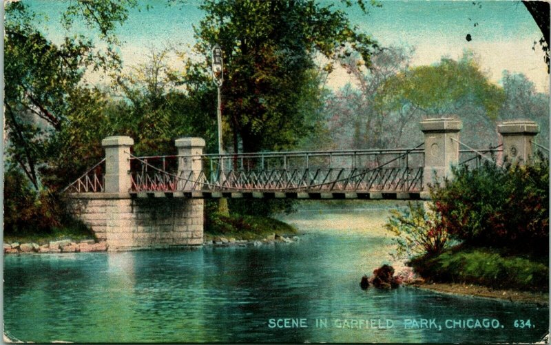 Vtg Carte Postale 1912 Chicago Illinois Il Garfield Park Scène Pont Acmegraph