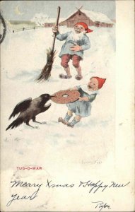 New Year Fantasy Gnome Fights over Food With Crow c1910 Vintage Postcard