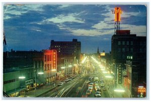 1962 Broadway At Night Street Lights Classic Cars Fargo North Dakota Postcard