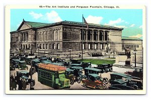 The Art Institute & Ferguson Fountain Chicago ILL. Postcard Antique Automobiles