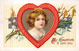 VALENTINE HOLIDAY CHILD HEART FLOWERS I LOVE YOU EMBOSSED POSTCARD 1114 (c.1909)