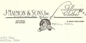 1939 J MAIMON & SONS PHILADELPHIA PA STILLSERGE CLOTHES BILLHEAD INVOICE Z2488