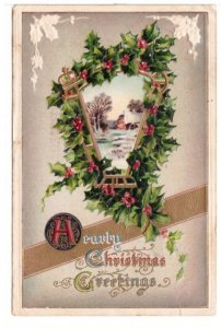 Hearty Christmas Greetings, Holly, Rural Winter Scene, Antique 1911 Postcard