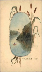 Warner NH Pond & Reeds Handmade Hand Painted c1910 Postal Card