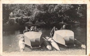 Real Photo, RPPC, Early Pontoon Paddle  Boats in the Park, Kids, Old Post Card