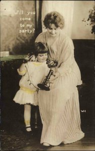 Mother & Daughter on Telephone COME TO MY PARTY c1910 Real Photo Postcard