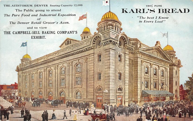 H92/ Denver Colorado Postcard c1910 Karl's Bread Ad Auditorium Grocers136