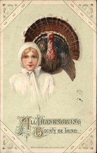 Thanksgiving Beautiful Pilgrim Woman Turkey Winsch c1910 Postcard