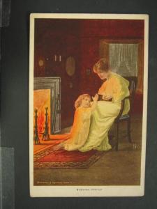 MOTHER & CHILD EVENING PRAYER BY FIRE c1910 Postcard