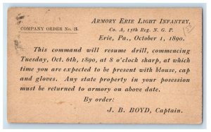 1890 Armory Erie Light Infantry Military Erie PA Company Order Drill Postcard 