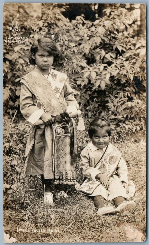 LITTLE INDIAN MAIDS ANTIQUE REAL PHOTO POSTCARD RPPC by J.M.COLBY WAUSAU WI