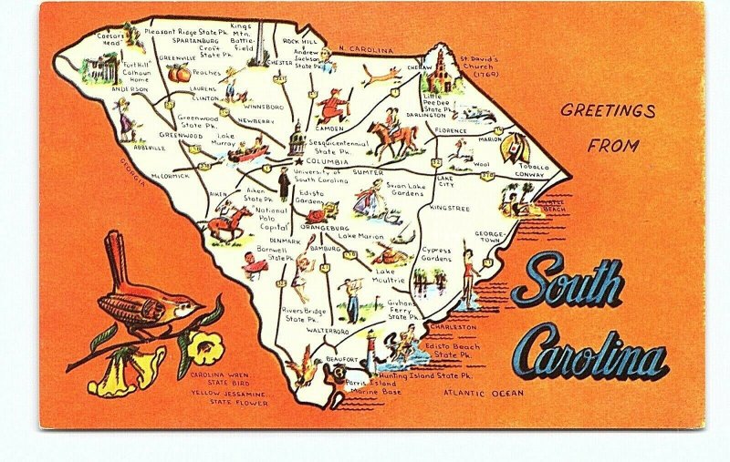 Greetings South Carolina SC Art Pictorial Map Souvenir Highway Vintage Postcard