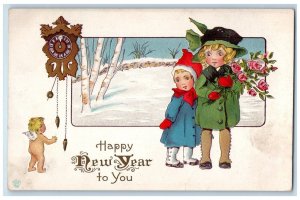 c1910's Happy New Year Angel Ringing Bell Children Flowers Embossed Postcard