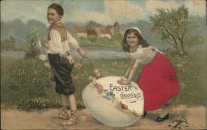 Easter - Boy & Girl w/ Huge Egg REAL SILK c1910 Postcard #12