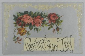 Hanging Set of Dark Red Roses and Flowers Greetings from Troy - Vintage Postcard