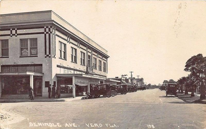 Vero FL 1st National Bank Seminole Pharmacy Old Cars Real Photo RPPC Postcard