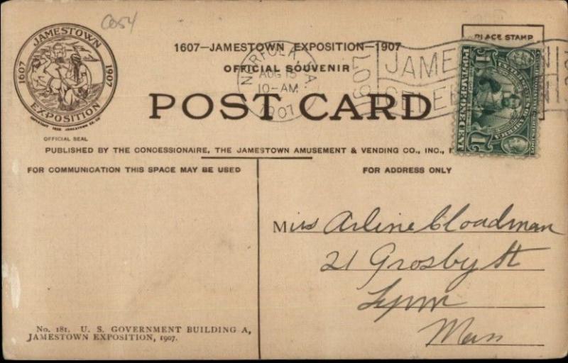 1907 Jamestown Expo #181 Gov't Bldg Used w/ Expo Cancel Postcard/Cover