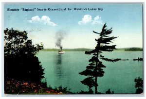 Muskoka Ontario Canada Postcard Steamer Sagamo Leaves Gravenhurst 1934