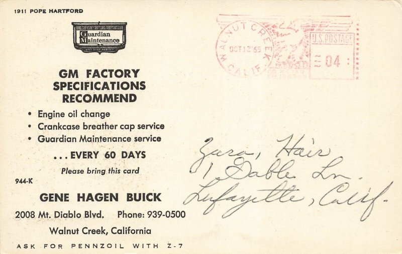 Walnut Creek California~Gene Hagen Buick-GM Factory Specs~1965 POSTCARD